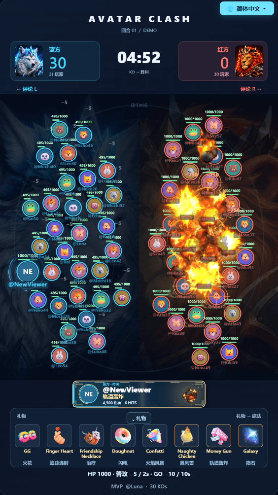 Avatar Clash Blue vs Red avatar battle with gift-triggered skills on TikTok LIVE